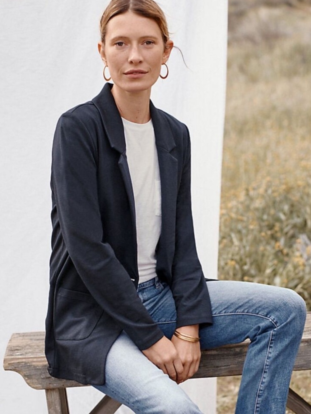 Garnet Hill Navy Open-Front Knit Blazer
